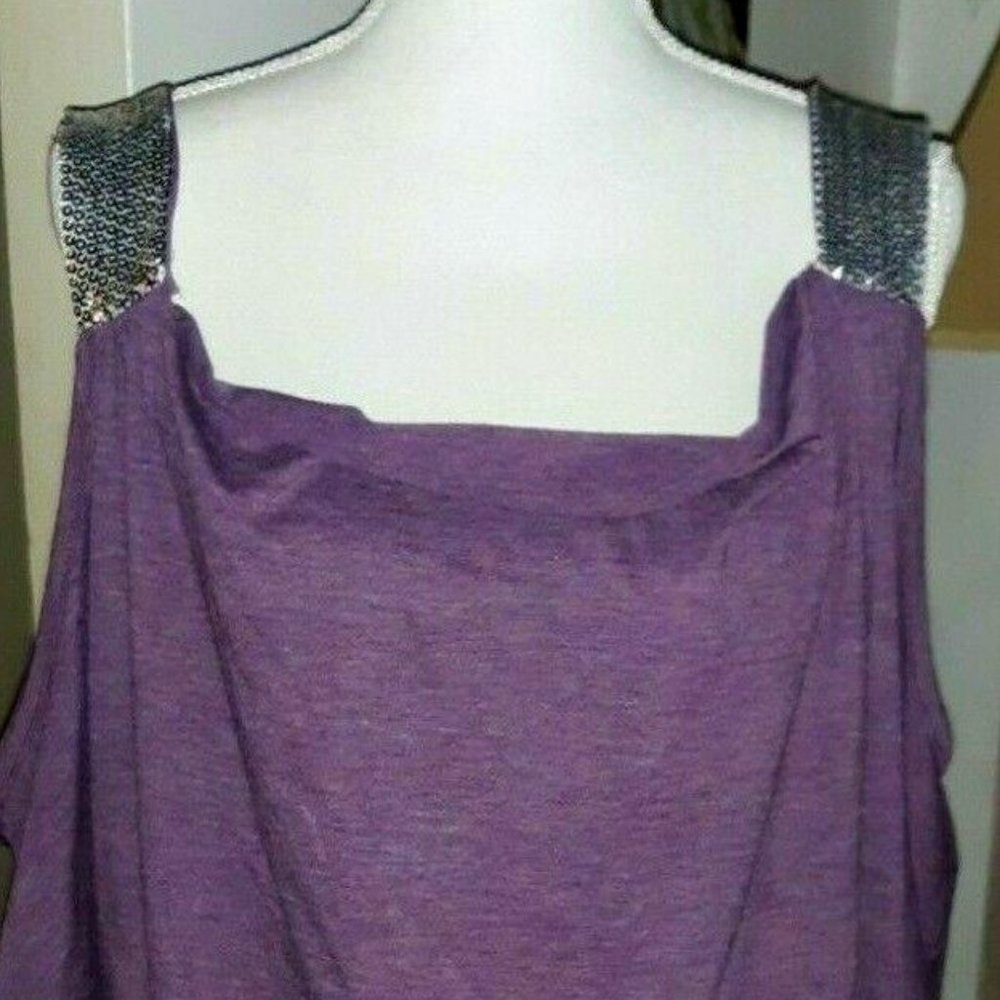 Ladies Plus Size Cold Shoulder Sequined Top Blouse T-Shirt Casual Size 18 Purple